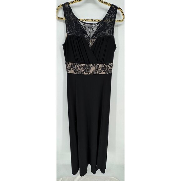 Black Sleeveless Lace Trim Maxi Dress With Nude Lining Accents - Picture 3 of 12